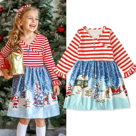 

Toddler Baby Kids Girls Christmas Santa Striped Patchwork Princess Dresses Clothes