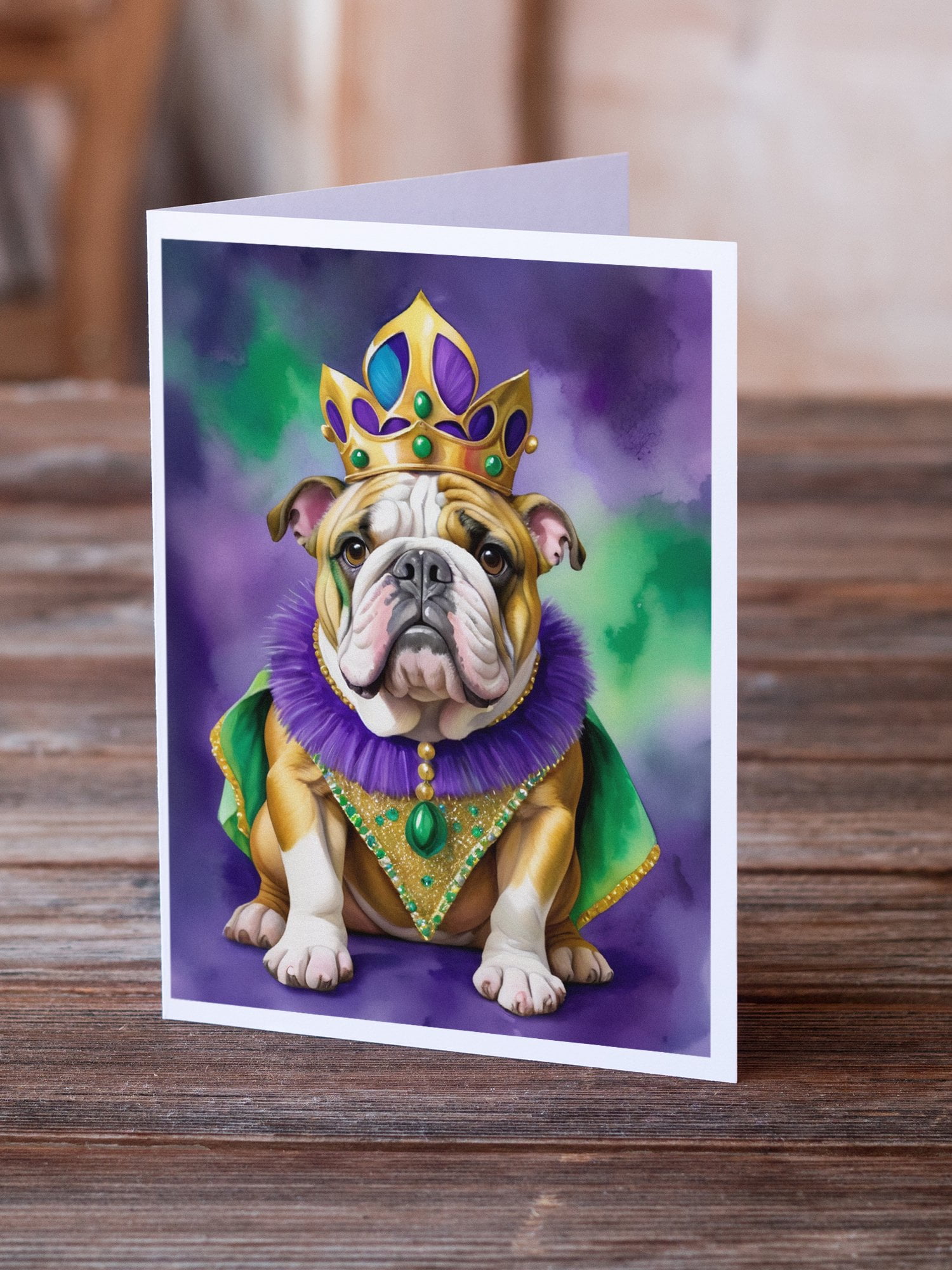 English Bulldog King of Mardi Gras Greeting Cards Pack of 8 7 in x 5 in