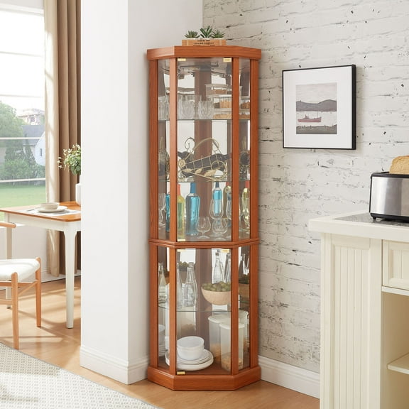 S-HOME Dark Oak Lighted Corner Curio Cabinet Featuring Built-in Lighting Ideal for Showcasing Antique Collections and Bar Essentials