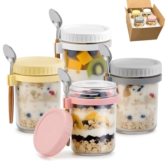 4 Pack Overnight Oat Containers with Lids & Spoons, 16 oz Glass Mason Jars, Airtight Leak-Proof Overnight Oats Jars for Milk, Cereal, Fruit