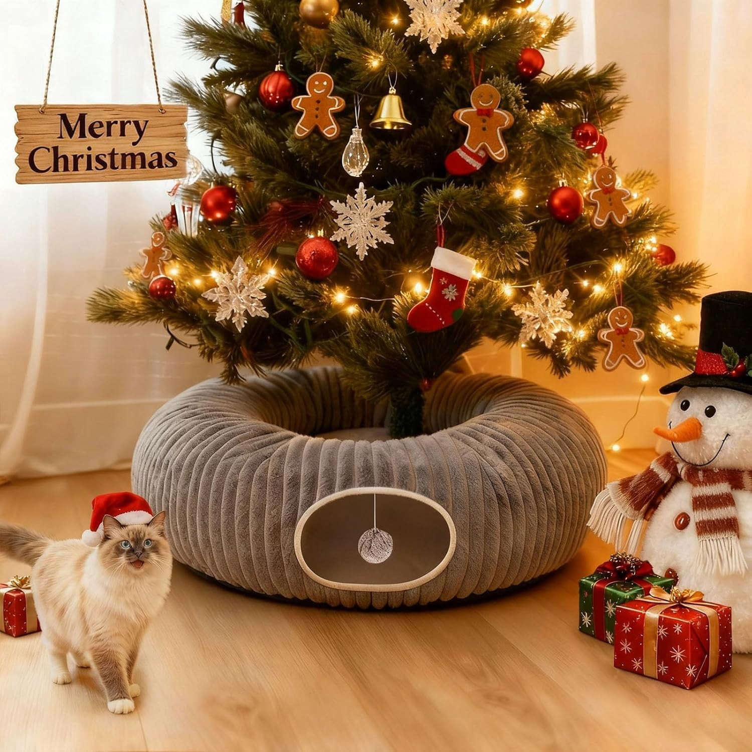 Cat Tunnel Bed for Indoor Cats, Peekaboo Cat Cave Bed,Soft Cat Donut Tunnel for Kitten Large Cats, Grey