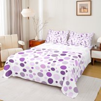 Manfei Cute Polka Dots Queen Sheet Sets,Geometric Circular Pattern Flat Sheet,Purple White Queen Fitted Sheet For Girls Kids,Breathable Home Decor,4 Pieces
