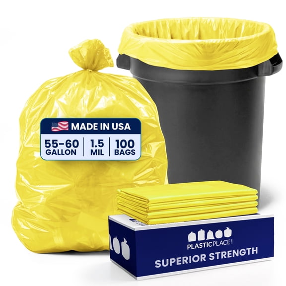 Plasticplace 55-60 Gallon Trash Bags │ 1.5 Mil │ Yellow Heavy Duty Garbage Can Liners │ 38” x 58” (100 Count)
