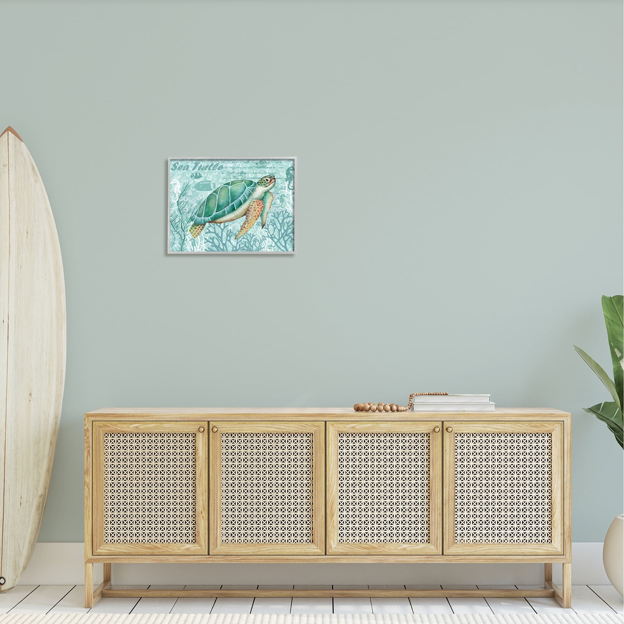 Stupell Industries Coral Bordered Sea Turtle Seahorse Script Calligraphy Graphic Art Gray Framed Art Print Wall Art, Design by Emma Leach
