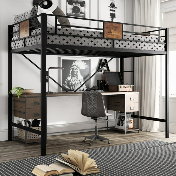 Amolife Metal Twin Size Loft Bed Frame, Black Twin Loft Bed With Desk