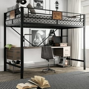Amolife Metal Twin Size Loft Bed Frame with Stairs & Full-Length Guardrail,  Rustic Wood, Black Frame