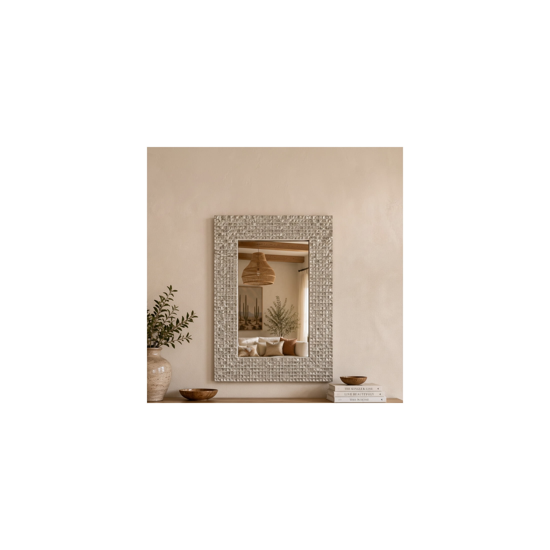 DecMode 24" x 36" Cream Handmade Mosaic Wall Mirror