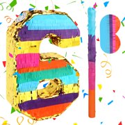 Rainbow Number 6 Pinata with a Blindfold and Bat for Boys Girls 6th Birthday Party, Kids Anniversary Celebration, Fiesta Supplies (16.1 x 10.6 x 3.2 Inches) Y101