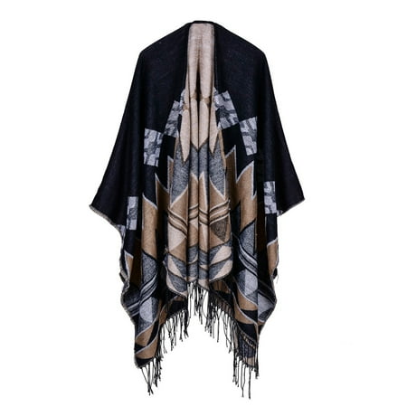 - Fashion Women Poncho Cardigan Sweater Geometric Tassels Fringed Faux Cashmere Capes Shawl Scarf Loose Outerwear