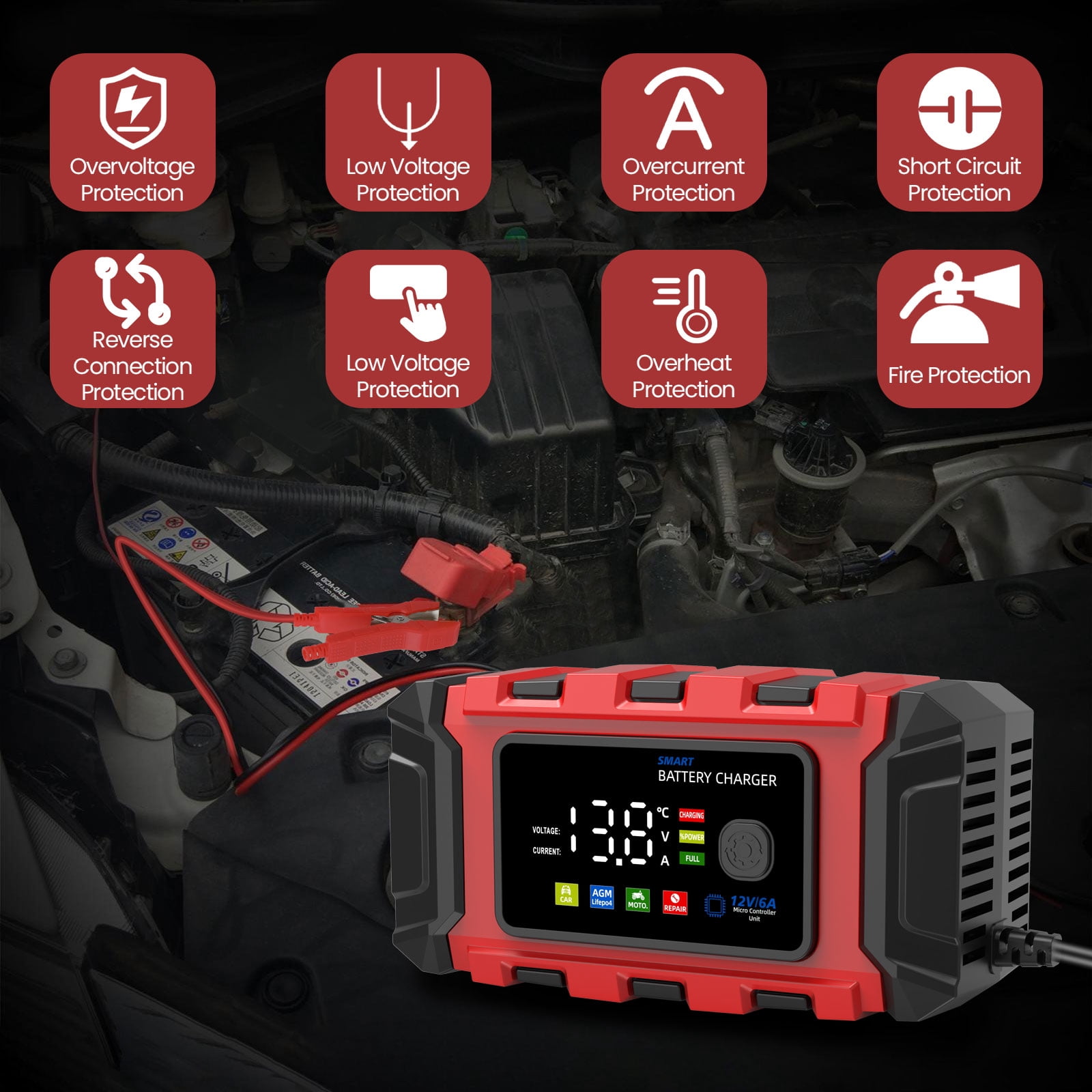 12V 6A Smart Automatic Maintainer Trickle Charger, 3-Stage Lead Acid AGM LiFePO4 Battery Charger for Cars Motorcycles Boats,Red
