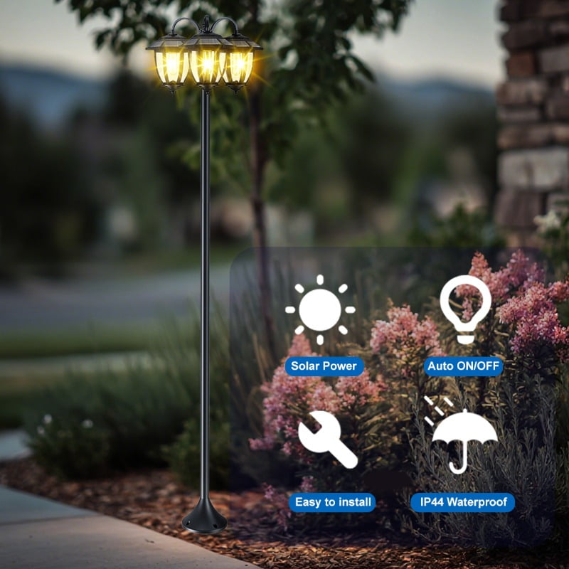 HOODINK 73" Aluminum Solar Lamp Post Light, 3-Head Solar Light Posts for Outside Waterproof, 90Lm Outdoor Lamps for Patio, Backyard, Front Porch Decor, Warm White, Replaceable Bulb