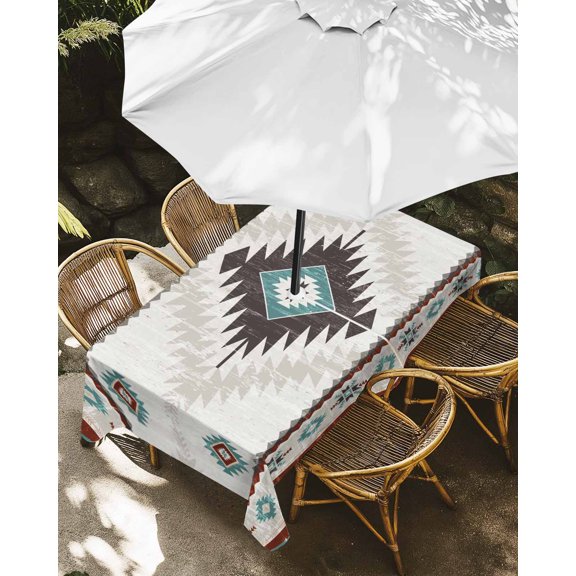 Outdoor Tablecloth with Umbrella Hole, Vintage Boho Tribal Pattern Zippered Table Cloth for Rectangle Tables, Red Mottled Geometric Washable Waterproof Tablecloths for Picnic Patio Garden