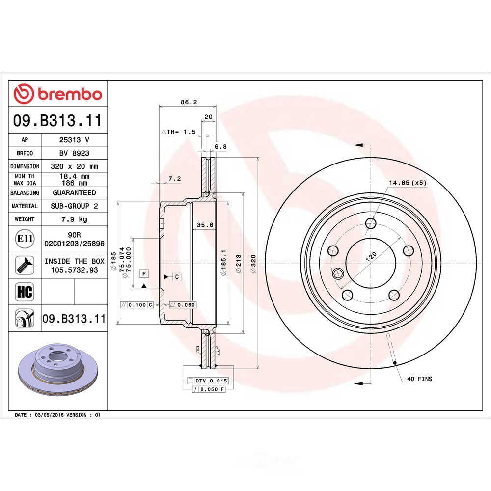 Brembo 09.B313.11 BRAKE ROTORS Fits select: 2008-2010 BMW 535 XI, 2010 BMW 528 I