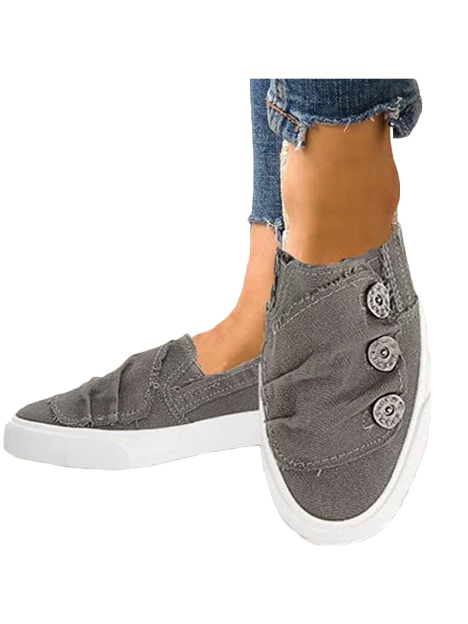 LALLC - Women's Canvas Slip On Flat Sneakers Button Round Toe Casual ...