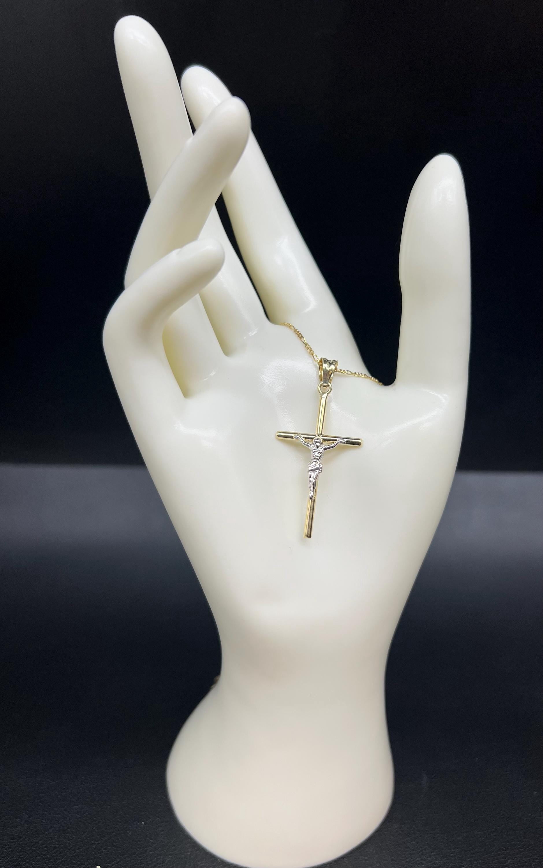 10k Real Gold Jesus Crucifix Pendants Necklace, 10k Real Gold Two Tone Cross with 10k Solid Gold 1mm Figaro Chain, Cross, 10k Gold Cross (Chain Lenght:with 16'' chain;)