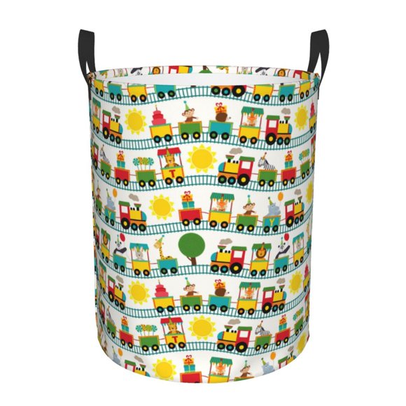 Balery Train With Animals Cesta de ropa redonda con asas, impermeable, independiente, para ropa, juguetes, dormitorio y familia-Small