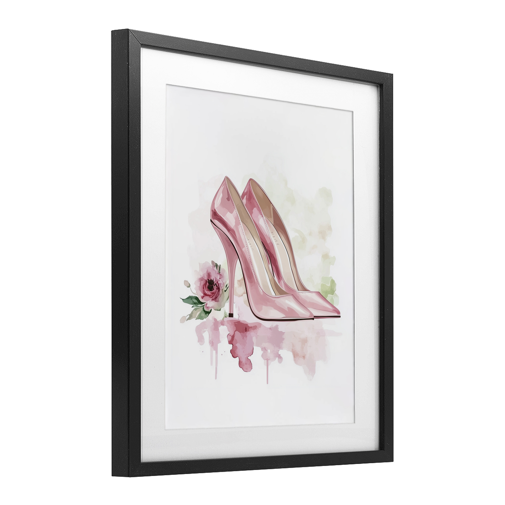 Rosy Pastel Heels Black Framed Print Under Glass, design by Christine Simpson Art