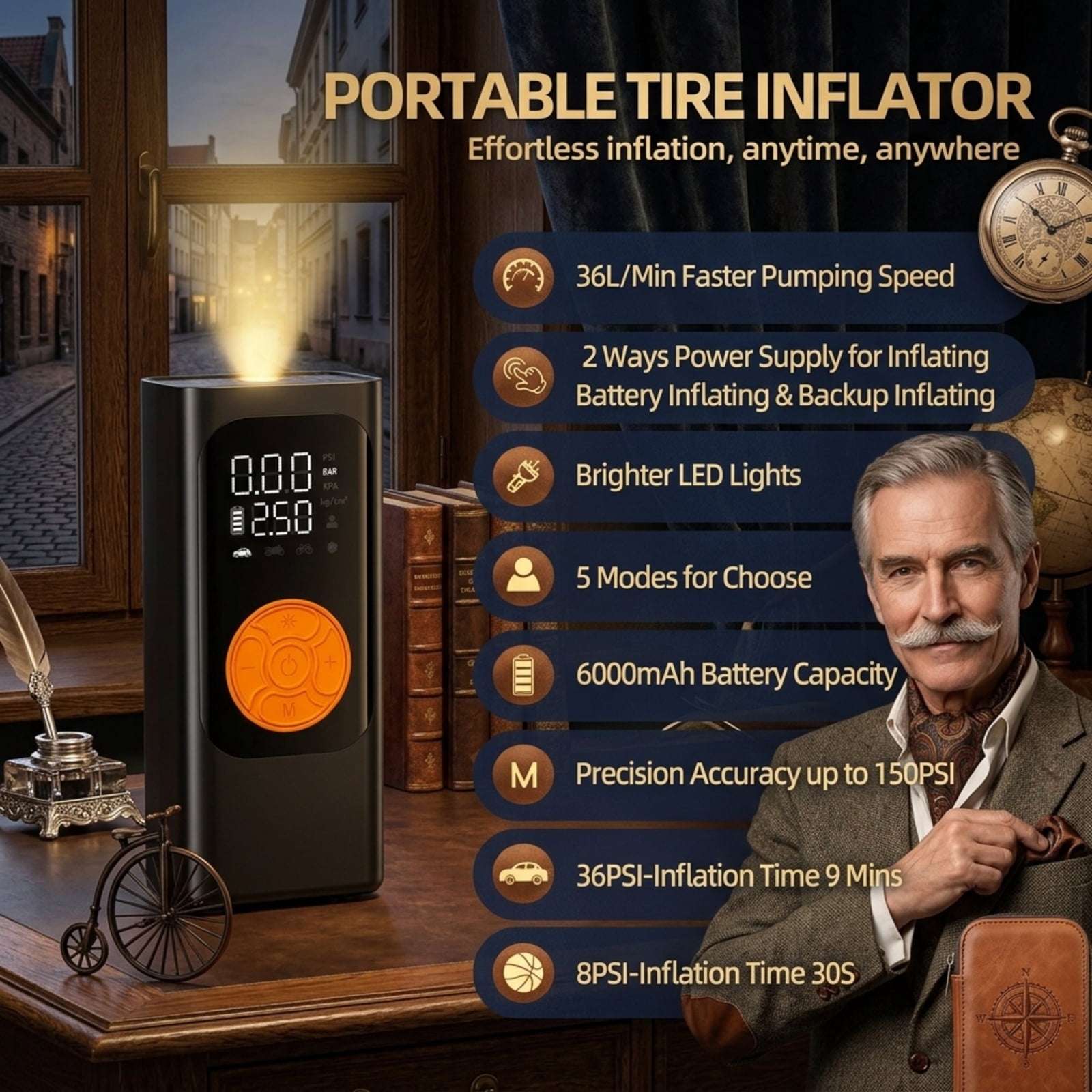 Fenbeli Portable Tire Inflator, 150PSI Cordless Air Compressor with 6000mAh Battery, DC 12V Dual Power, Auto Shut-Off and Digital Gauge, Black