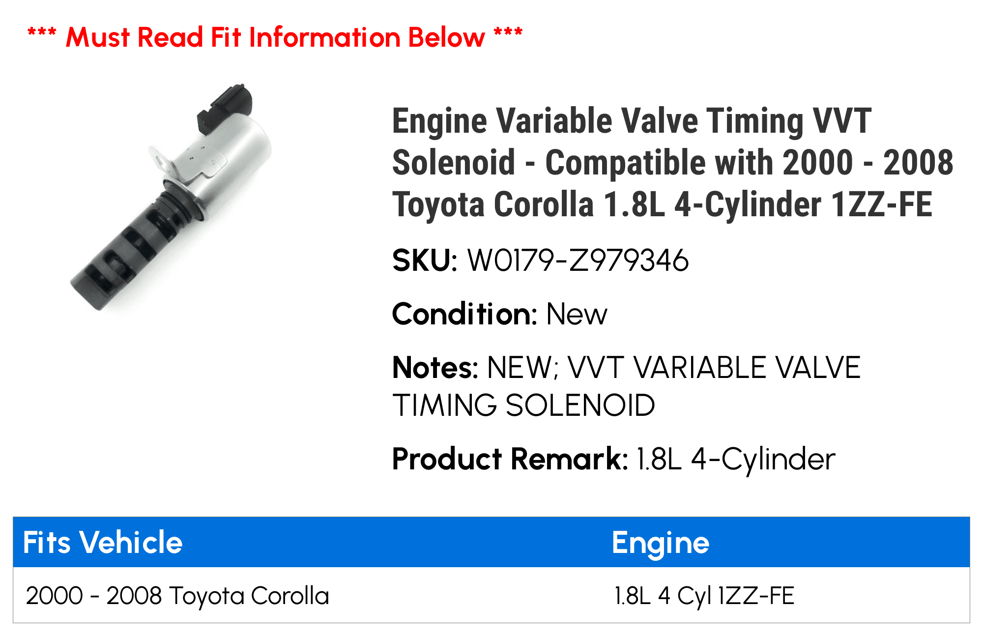 Engine Variable Valve Timing VVT Solenoid - Compatible with 2000 - 2008 Toyota Corolla 1.8L 4-Cylinder 1ZZ-FE 2001 2002 2003 2004 2005 2006 2007