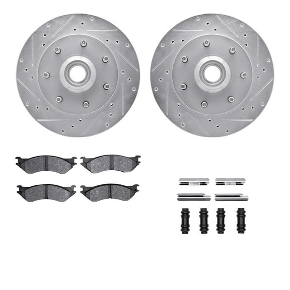 Dynamic Friction Company Front Brake Rotors-Drilled and Slotted-Silver with Ultimate Duty Performance Brake Pads includes Hardware 7412-54041