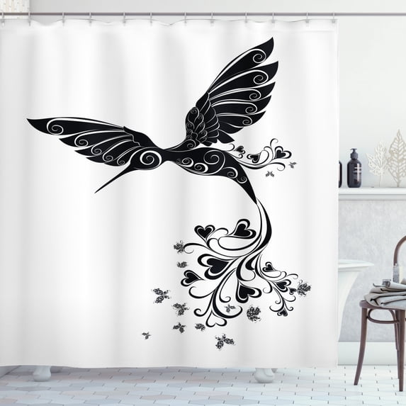 Black and White Shower Curtain, Hummingbird with Hearts Tail and Swirled Feathers Monochrome Animal, Fabric Bathroom Set with Hooks, 69W X 75L Inches Long, Black and White, by Ambesonne