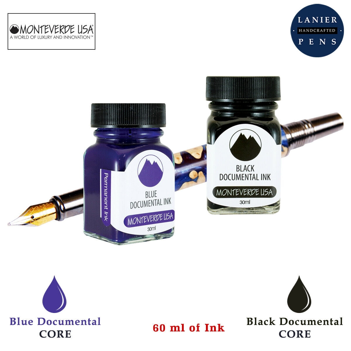 Monteverde 60ml Core Fountain Pen Ink Bottle (30ml Blue Documental Ink Bottle G309DU, 30ml Black Documental Ink Bottle G309DB)