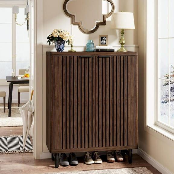 Tribesigns 6-Tier Shoe Cabinet with Shutter Doors, Wooden Shoe Cabinet with Adjustable Shelves