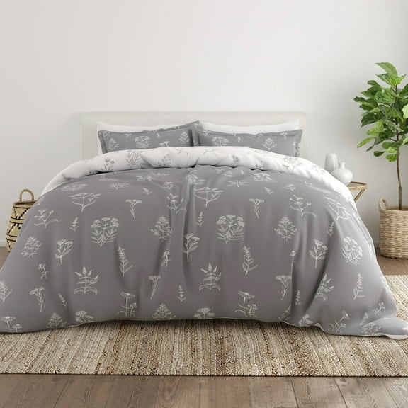Noble Linens Light Gray Botany Floral Reversible 3-Piece Duvet Cover Set, King/Cal King