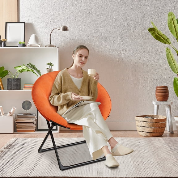 Studyset Simple Deluxe Saucer Chair, Round Foldable Reading Chairs,Cozy Papasan Chair, Furry Padded Moon Chair, Round Dorm Chairs for Bedroom Living Room