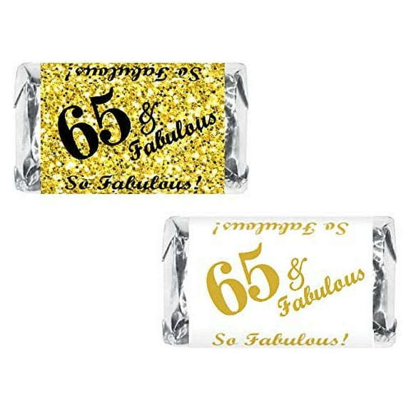 65 & Fabulous Miniatures Candy Bar Wrapper, (Set of 60) Mini Candy Bar Stickers Labels; Birthday Party Favor Décor. Candy Not Included.
