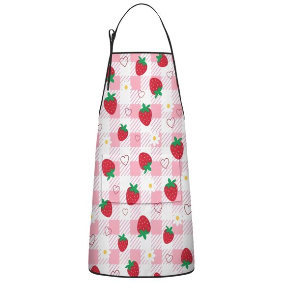 Strawberry Fruit Heart Daisy Checkered Apron-Garden Aprons for Women with Pockets-Cotton Linen Waterproof Kitchen Cooking Gardening Aprons Adjustable for Kitchen,Cooking,BBQ and Salon 33x27 Inch