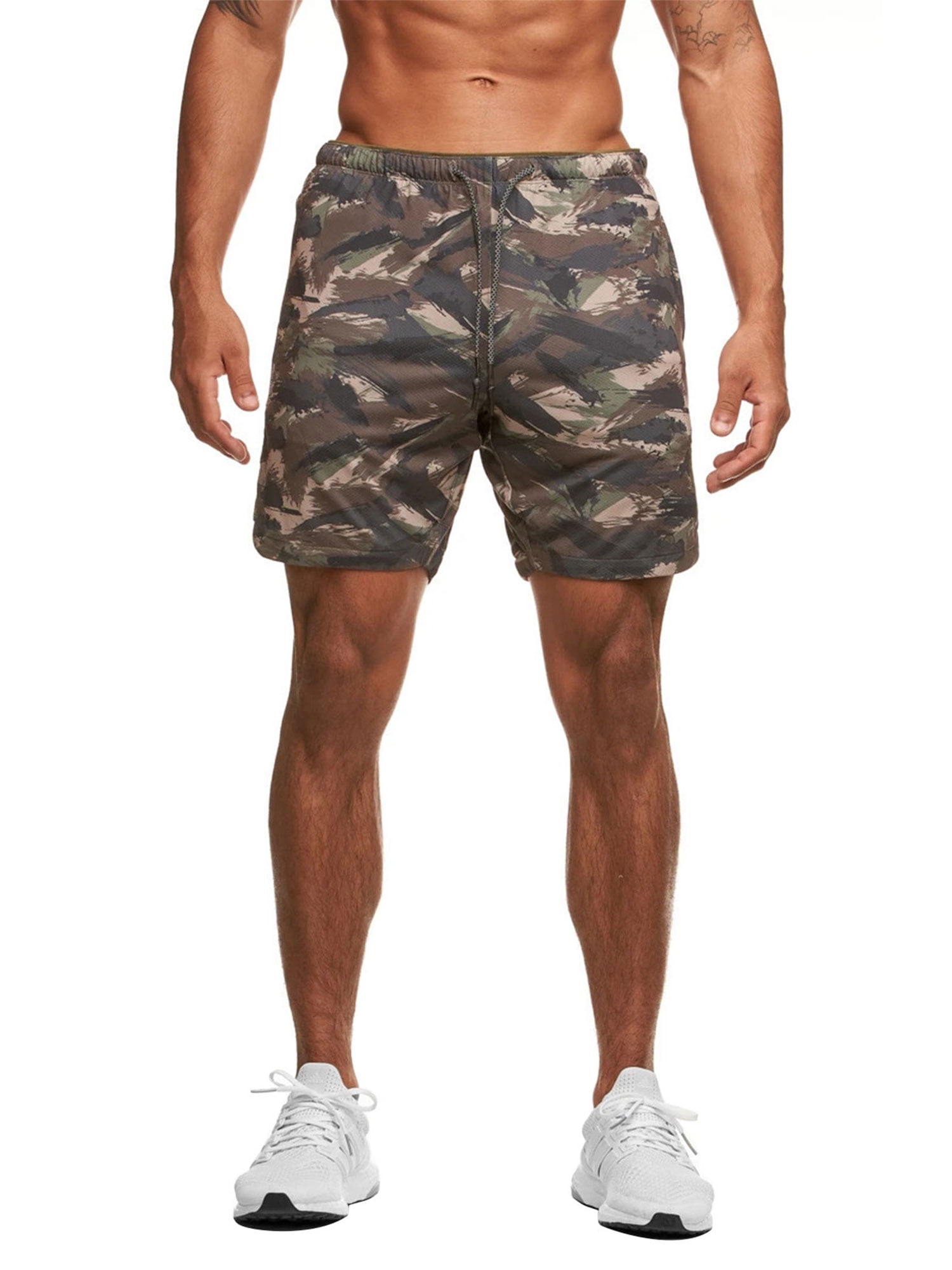 OTW Mens Basic Drawstring Workout Elastic Waist Camouflage Print Shorts