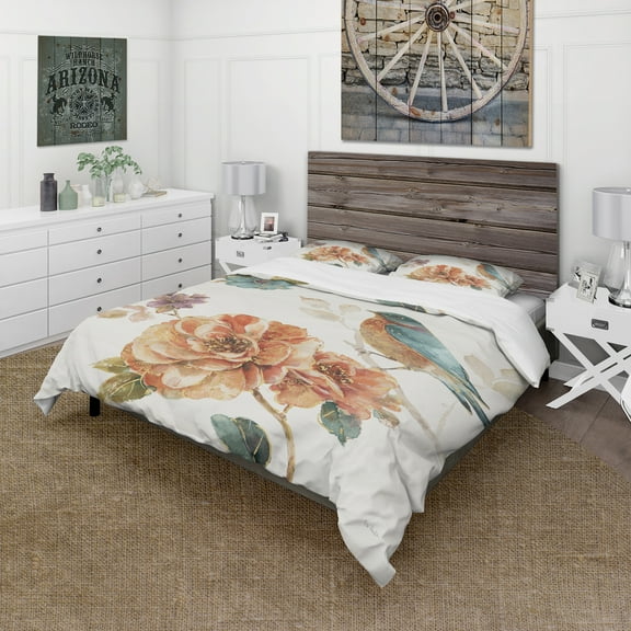 Designart 'Cottage Bird on Orange Flower Twig' Cottage Duvet Cover Set