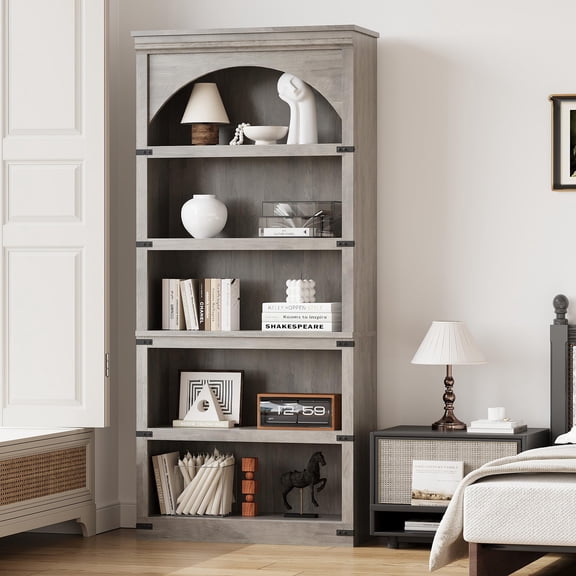 Rustic Farmhouse Arched Bookshelf – 68.7" Tall 5-Tier Wooden Bookcase with Curved Arch Design – Vintage Storage Shelf for Living Room, Office, Library – Grey