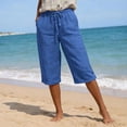 thumbnail image 2 of Brnmxoke Casual Bermuda Shorts for Women Knee Length Dressy Linen Drawstring Elastic Waist Shorts Basic Summer Beach Vacation Shorts with Pockets Blue,L, 2 of 9