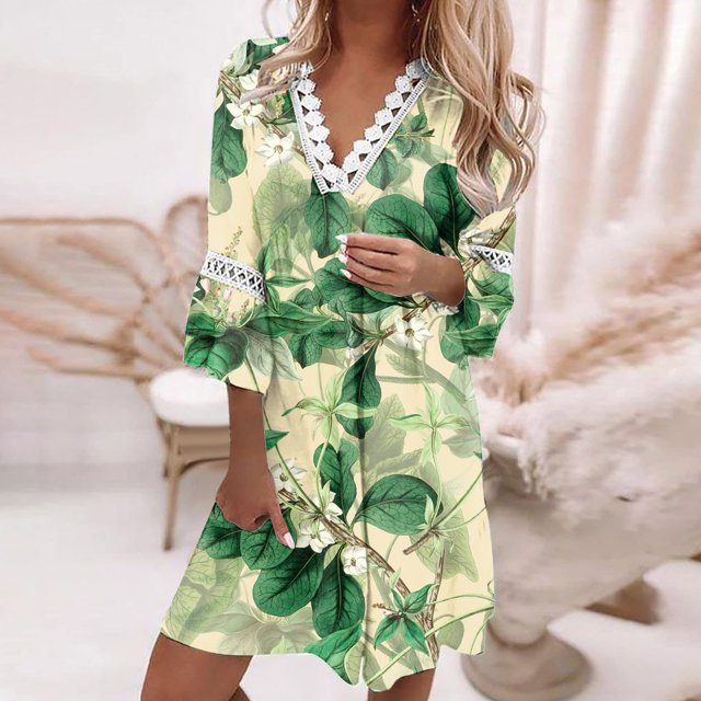 Pisexur Robe à Manches Courtes Col en V Women Robes d'Été Décontractées Manches 3/4 Tunique de Fête Décontractée Col en V Imprimé Dentelle Col en V Robe Midi Women Robe en Liquidation