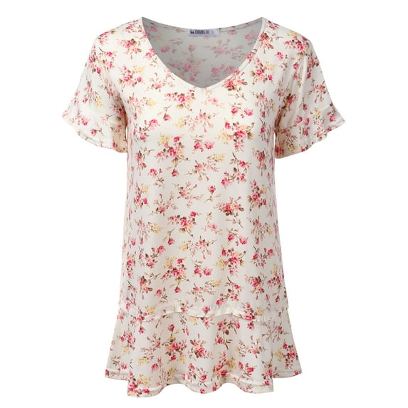 Doublju Women's Short Sleeves Flare Tunic Tops for Leggings Flowy Shirt with Plus Size