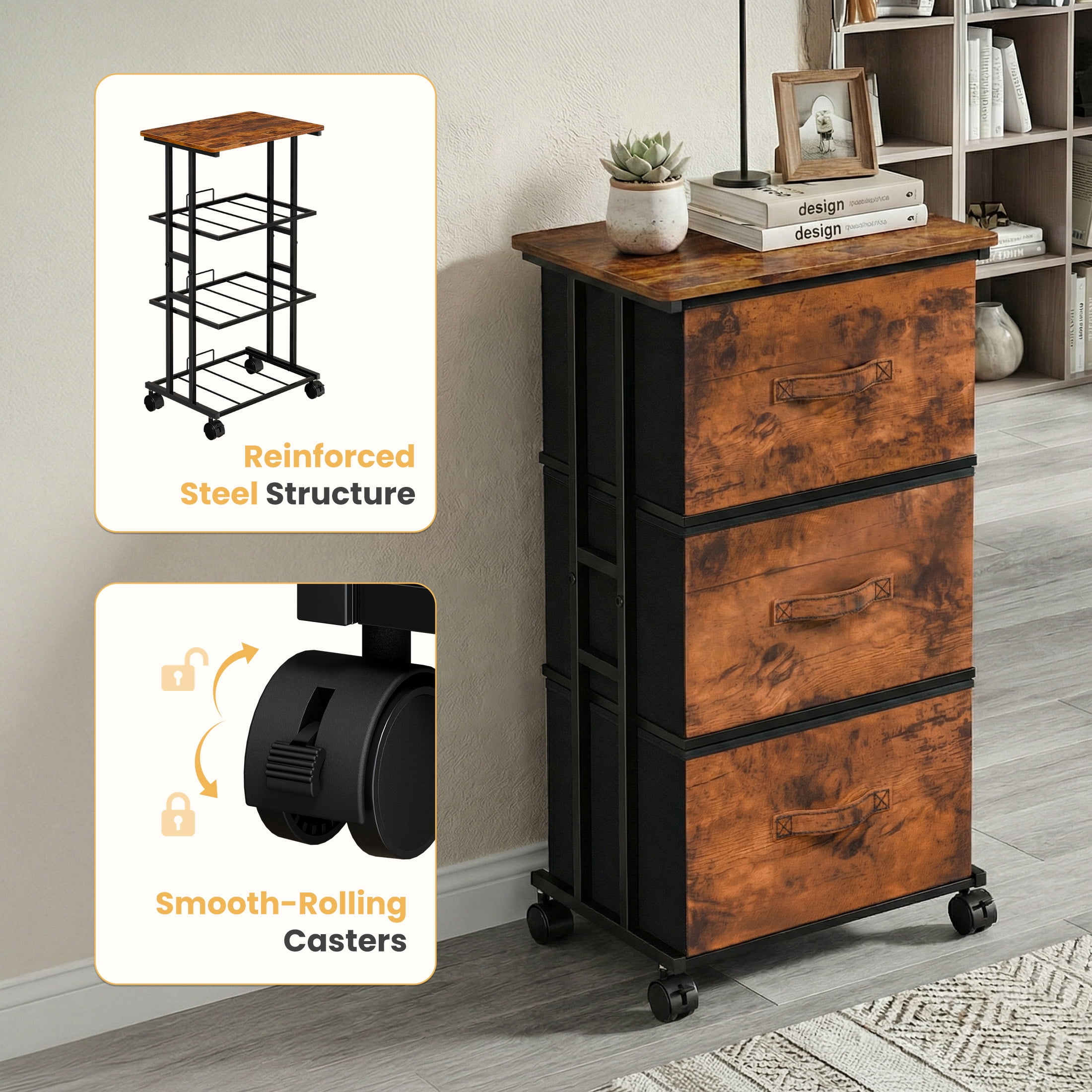 CONCETTA Dresser Storage with 3 Drawers, Storage with Wheels for Bedroom, Home Office, Rust Brown