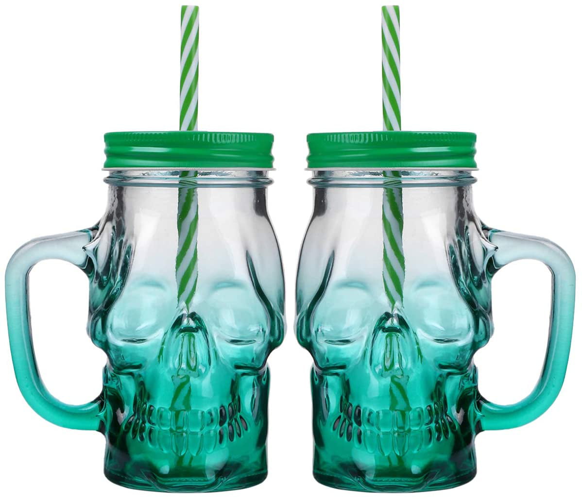 skull shaped Drinking glass mason jar sipper w/straw-lid 14oz red,black,blue 