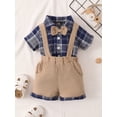thumbnail image 2 of Baby Boys Dress Clothes, Plaid Print Short Sleeve Lapel Shirt with Bowtie and Suspender Short Set, Baby Boy Formal Set Summer Outfit, 2 of 8