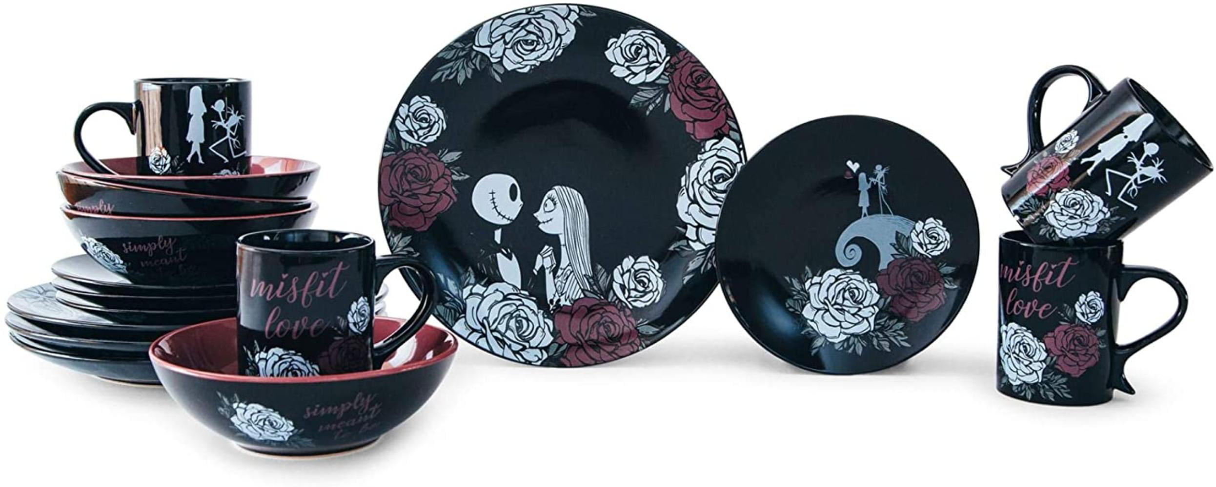 Mugs Place Setting for 4 Underground Toys The Nightmare Before Christmas Jack and Sally Black Rose Wedding 16-Piece Dinnerware Set Soup Bowls Includes Dinner and Salad Plates