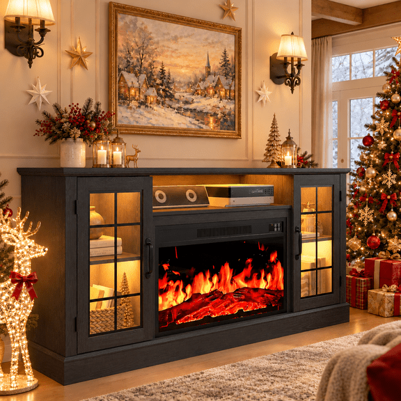 HSUNNS 63" Fireplace TV Stand for TVs up to 70" with 32" Electric Fireplace, Console Entertainment Center Television Table with LED for Living Room or Bedroom, Black