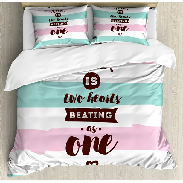 Romantic King Size Duvet Cover Set Love Is Two Hearts Beating As One Retro Typography On