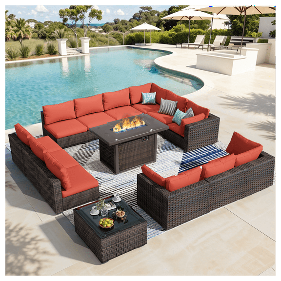 Grezone 14 PCS Outdoor Patio Furniture Set with Fire Pit Table Wicker Patio Conversation Set, Red
