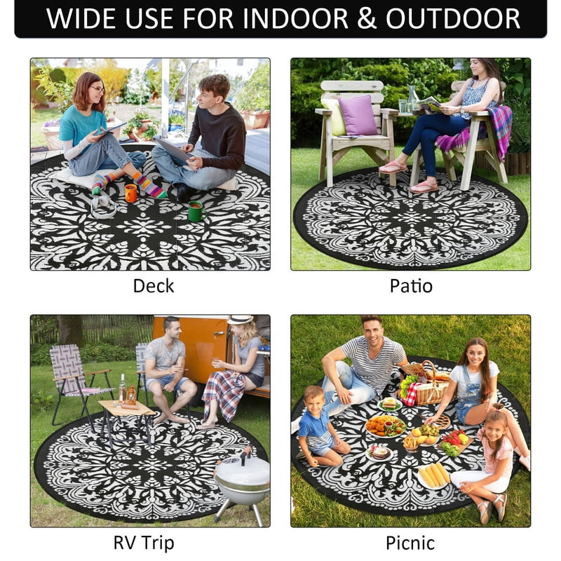 Aonewoe Round Outdoor Rugs 6Ft Waterproof Patio Plastic Straw Rug Reversible Camping Carpet Indoor Outdoor Area Rug for Patio,Deck,Balcony,Picnic,Beach,Outside