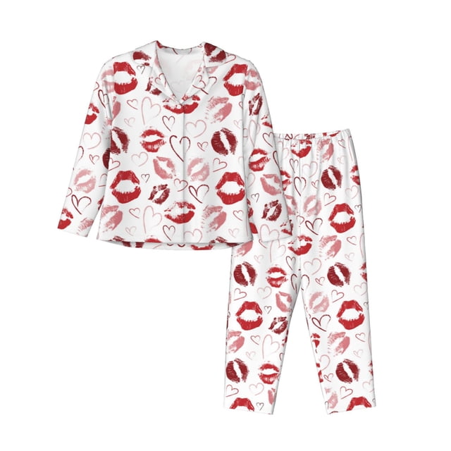 Fotbe Red Lips Conjunto de Pijama de Manga Larga para Mujer con Estampado, Ropa de Dormir de 2 Piezas, Conjunto de Casa Suave y Cómodo con Bolsillos-Medium