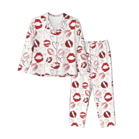 Lsque Red Lips Pattern Long Sleeve Pajama Set for Women - Soft 2-Piece Sleepwear and Loungewear Set with Pockets  Comfy Nightwear-Medium