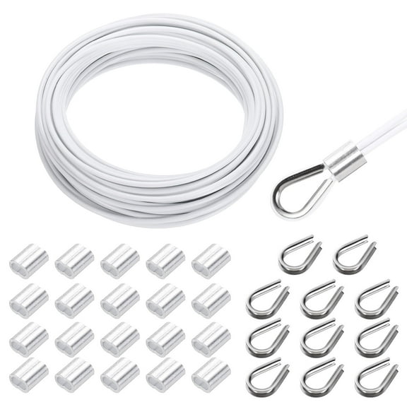Uxcell 49FT Stainless Steel Cable Railing Kit, 1/8" Vinyl Coated 7x7 Strand Wire Rope with Loop Sleeves and Thimbles White