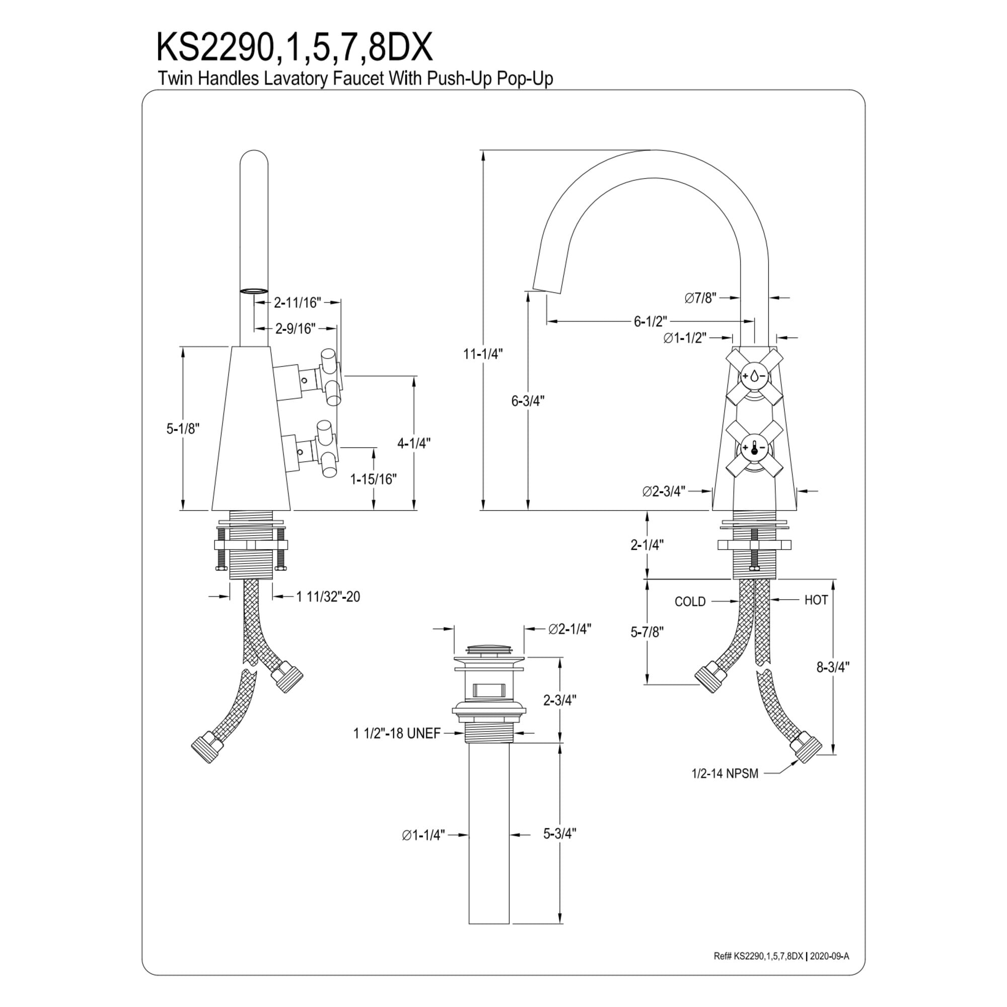 Kingston Brass KS2290DX Constantine Two-Handle Single-Hole Bathroom Faucet with Push Pop-Up Drain, Matte Black