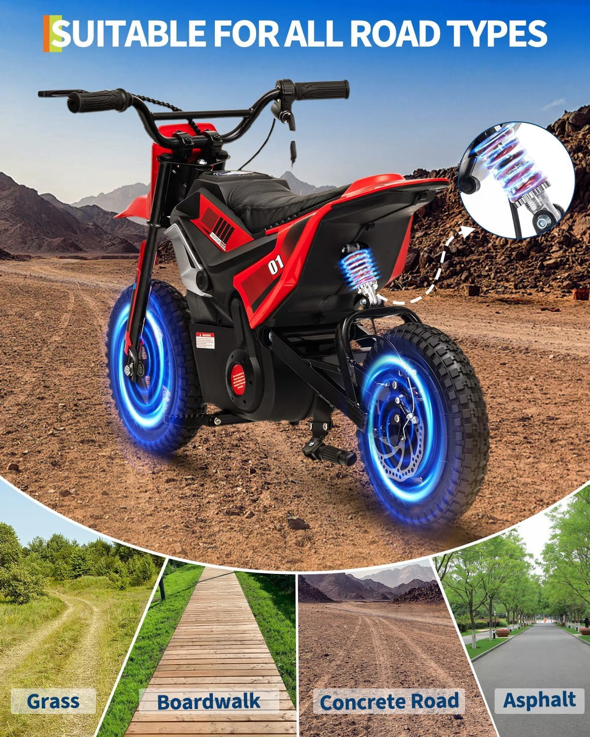 Rugerasy 24V Electric Dirt Bike,Ride on Motorcycle with Rear Wheel Suspension,12 Miles Range,Twist Grip Throttle,Rubber Tire,Birthday & Xmas Gifts,Red